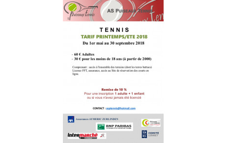 TARIF PRINTEMPS/ETE 2018 Du 1er mai au 30 septembre 2018 (1 enfant + 1 adulte -10%)